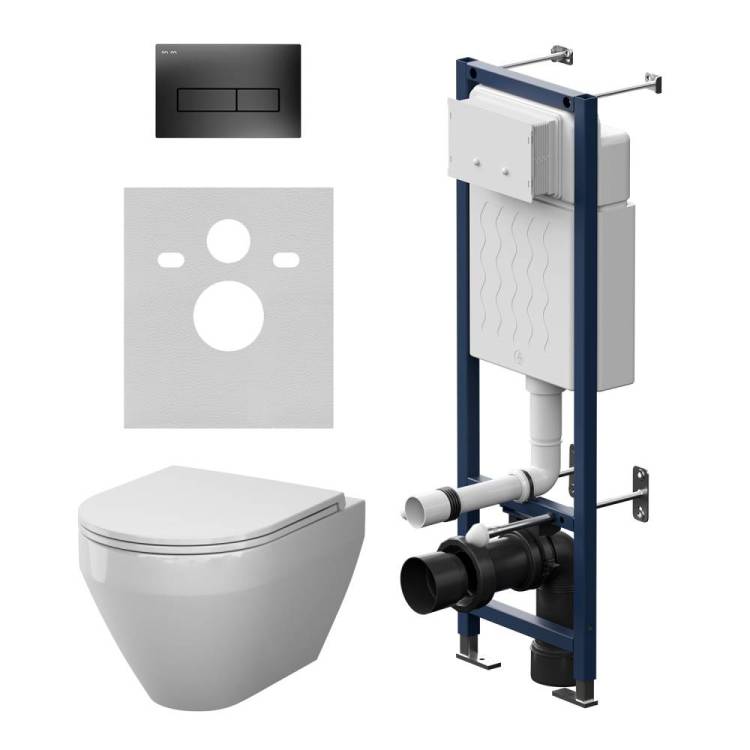 Унитаз с инсталляцией Am.Pm Spirit V2.0 IS110338.701900 безободковый, сиденье микролифт, клавиша черная матовая