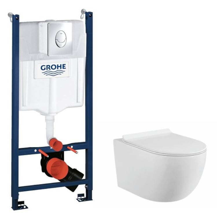 Комплект Grohe GR7450480 Инсталляция для унитаза Grohe Rapid SL + Унитаз подвесной beWash Minimal безободковый, с сиденьем микролифт, белый глянец