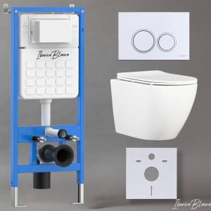 Унитаз с инсталляцией Iberica Blanca Bilbao Alto IB001.BLA.231.821 безободковый, с крышкой-сиденьем микролифт, с белой глянцевой кнопкой