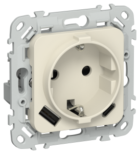 Розетка 1-местная с заземлением, шторками и USB Type A+С IEK Flite FI-R14-16-U22-020-K86 сливочный