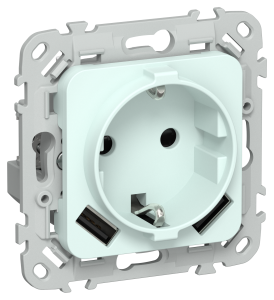 Розетка 1-местная с заземлением, шторками и USB Type A+A IEK Flite FI-R14-16-U21-D31-K94 холодный лед