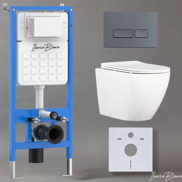 Унитаз с инсталляцией Iberica Blanca Bilbao Alto IB001.BLA.231.218 безободковый, с крышкой-сиденьем микролифт, с серой матовой кнопкой