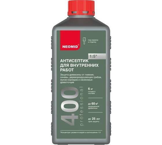 NEOMID 400 АНТИСЕПТИК для внутренних работ, защита до 25 лет, концентрат 1:5, бесцветный (1л)