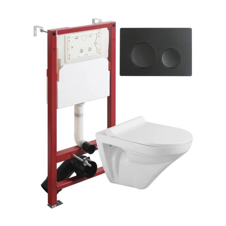 Унитаз с инсталляцией Agger ATI06100+APB144 безободковый, с крышкой-сиденьем микролифт, с кнопкой, кнопка черная