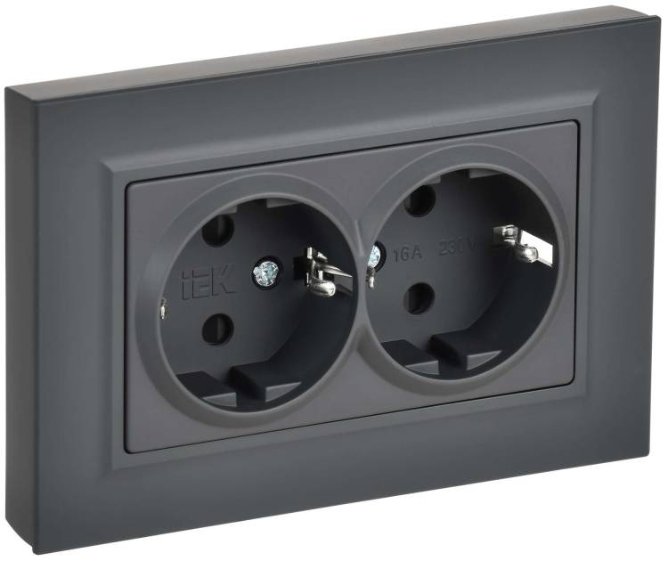 Розетка 2-местная с заземлением и шторками IEK Brite BR-R28-16-K53-F графит