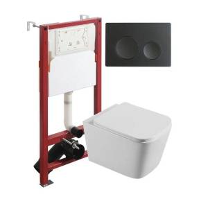 Унитаз с инсталляцией Agger ATI04100+APB144 безободковый, с крышкой-сиденьем микролифт, с кнопкой, кнопка черная