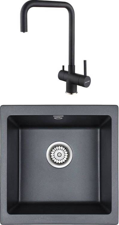 Комплект Paulmark Brilon PM104546-BLM черный металлик + Смеситель Paulmark Wetter We213030-418 для кухонной мойки, черный металлик