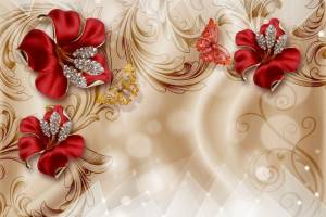 3D Фотообои Artegrafico «Алые лилии с драгоценными бабочками» RH-055 песок