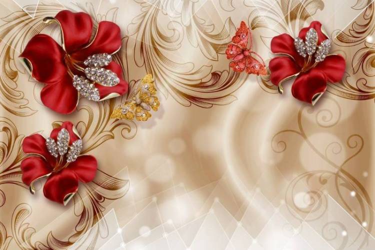 3D Фотообои Artegrafico «Алые лилии с драгоценными бабочками» RH-055 песок