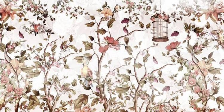 3D Фотообои Artegrafico «Птички в цветущем кустарнике» CH-008 акварель