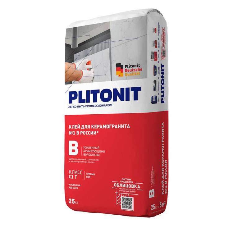 Клей для плитки PLITONIT В усиленный армирующими волокнами, класс С1Т, 25 кг