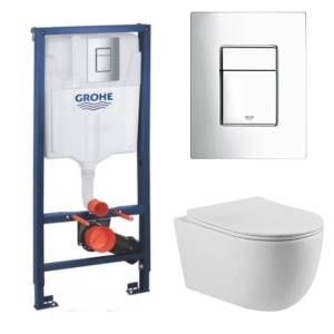 Унитаз с инсталляцией Grohe GRH772313201 безободковый, сиденье микролифт, белый глянец, кнопка смыва хром
