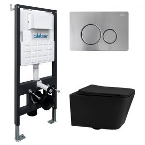 Комплект Abber Rechteck AC1201MB-AC0105-AC0121MCH унитаз подвесной, безободковый, сиденье микролифт, черный матовый, кнопка хром матовый