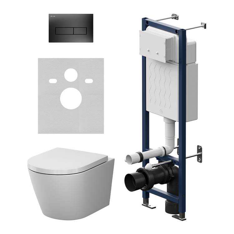 Унитаз с инсталляцией Am.Pm X-Joy IS110338.851900 безободковый, с крышкой-сиденьем микролифт, белый глянцевый, с черной матовой кнопкой