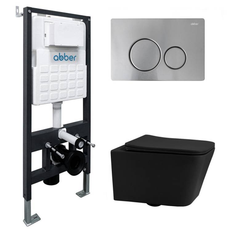Комплект Abber Rechteck AC1201MB-AC0105-AC0121MCH унитаз подвесной, безободковый, сиденье микролифт, черный матовый, кнопка хром матовый