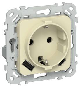 Розетка 1-местная с заземлением, шторками и USB Type A+С IEK Flite FI-R14-16-U22-020-K87 навахо