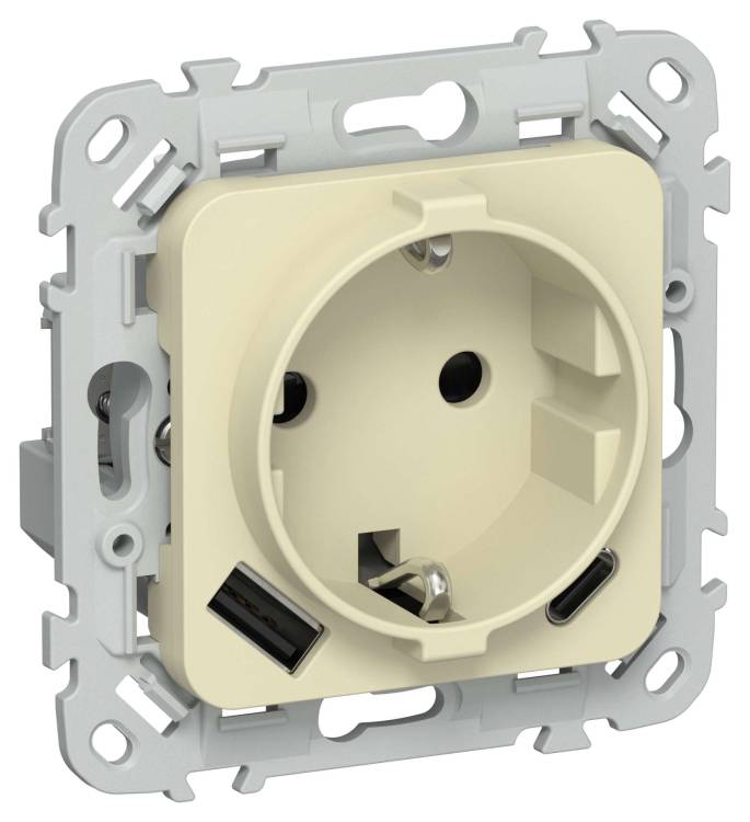 Розетка 1-местная с заземлением, шторками и USB Type A+С IEK Flite FI-R14-16-U22-020-K87 навахо