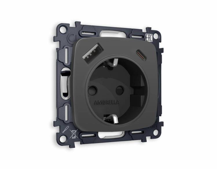 Комплект механизма электрической розетки 2USB A+C 20W (быстрая зарядка) с заземлением Ambrella Volt Omega MO910010