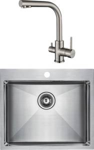 Комплект Paulmark Isar PM805951-BS брашированная нержавеющая сталь + Смеситель Paulmark Essen Es213011-NI для кухонной мойки, никель