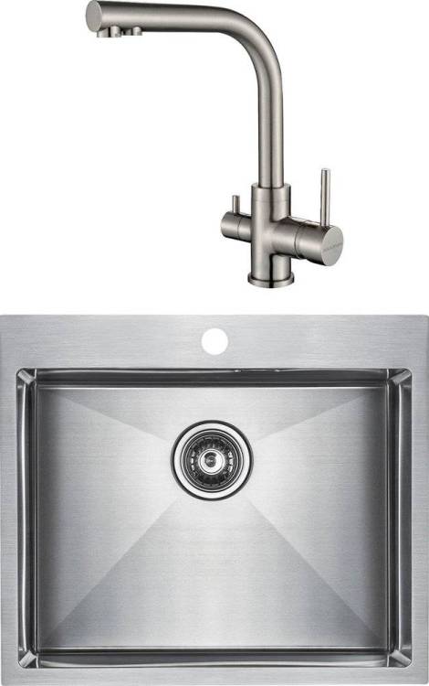 Комплект Paulmark Isar PM805951-BS брашированная нержавеющая сталь + Смеситель Paulmark Essen Es213011-NI для кухонной мойки, никель