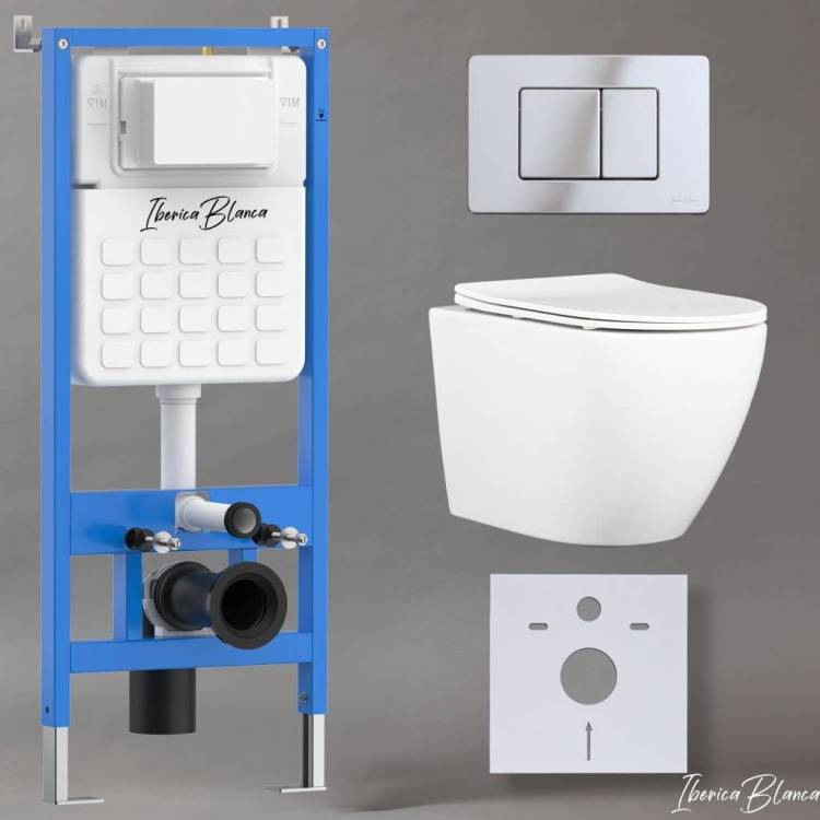 Комплект Iberica Blanca Bilbao Alto IB001.BLA.231.1131 унитаз безободковый, белый, сиденье микролифт, клавиша смыва хром глянцевый