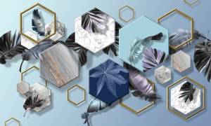 3D Фотообои Artegrafico «Тропические листья с мраморными шестиугольниками» JG-005 канвас