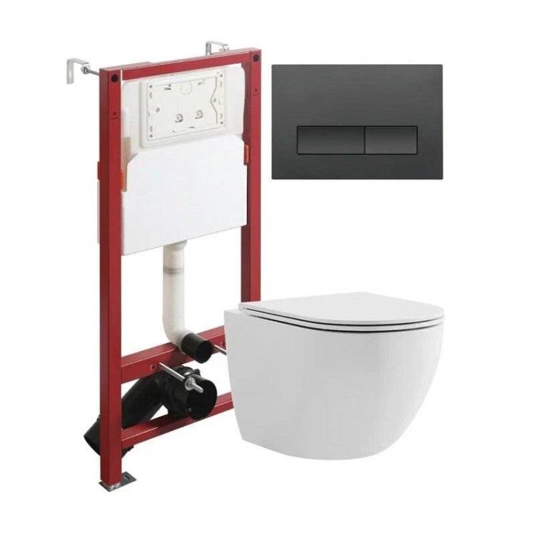 Унитаз с инсталляцией Agger ATI03100+APB244 безободковый, с крышкой-сиденьем микролифт, с кнопкой, кнопка черная