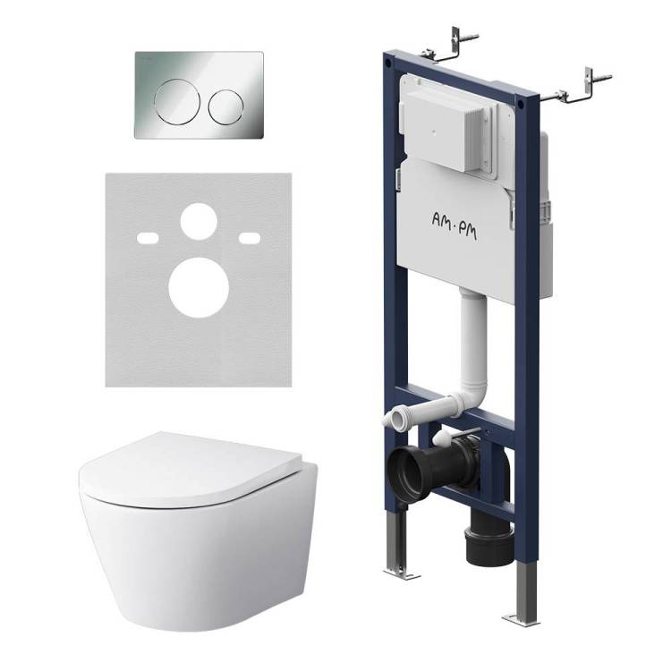 Унитаз с инсталляцией Am.Pm X-Joy IS90151.851900 безободковый, сиденье микролифт, клавиша хром глянец