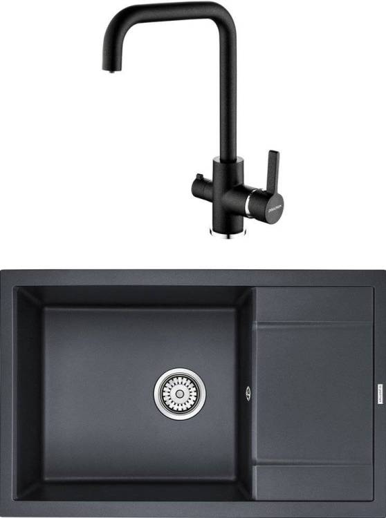 Мойка кухонная Paulmark PM317850-BLM черный металлик + Смеситель Paulmark Logas Lo213021-418 для кухонной мойки, черный металлик