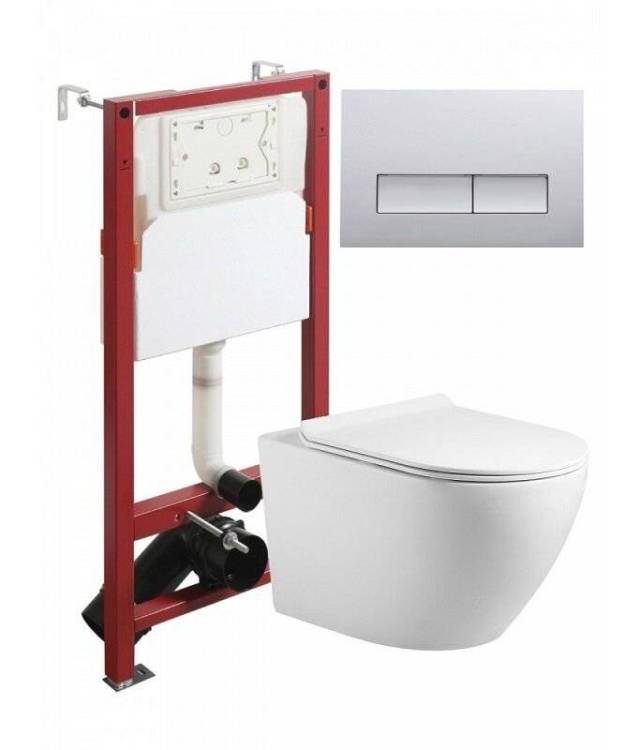 Унитаз с инсталляцией Agger ATI09150L+APB200 безободковый, с крышкой-сиденьем микролифт, с кнопкой хром