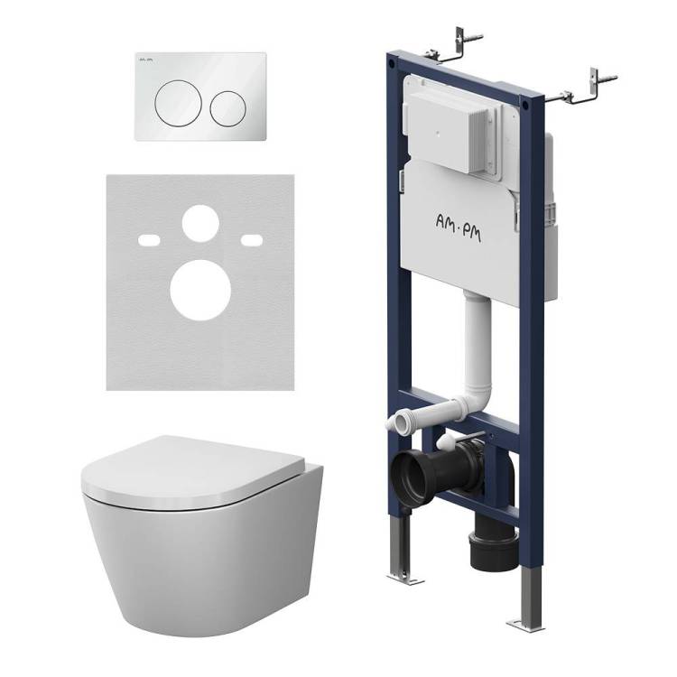 Унитаз с инсталляцией Am.Pm X-Joy IS90101.851900 безободковый, сиденье микролифт, клавиша белый глянец