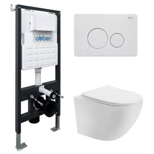 Комплект Abber Bequem AC1100T-AC0105-AC0121MW унитаз подвесной, безободковый, сиденье микролифт, белый, кнопка белая матовая