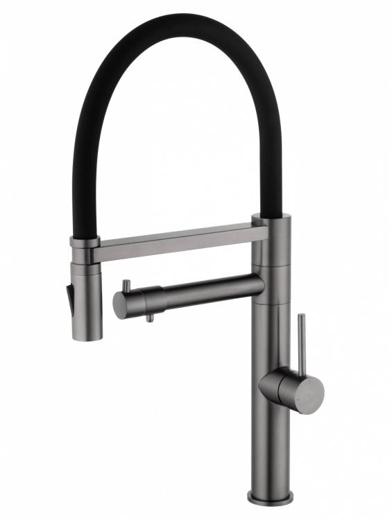 Смеситель для кухни Wonzon & Woghand WW-88458007-BGM с гибким изливом и подключением фильтра, темный графит