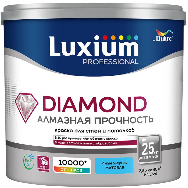 Краска для стен и потолков водно-дисперсионная Luxium Diamond Matt матовая база BW 2.5 л