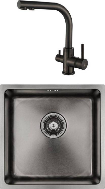 Комплект Paulmark Lassan PM304444-GM вороненая сталь + Смеситель Paulmark Essen 213011-GM для кухонной мойки, вороненая сталь