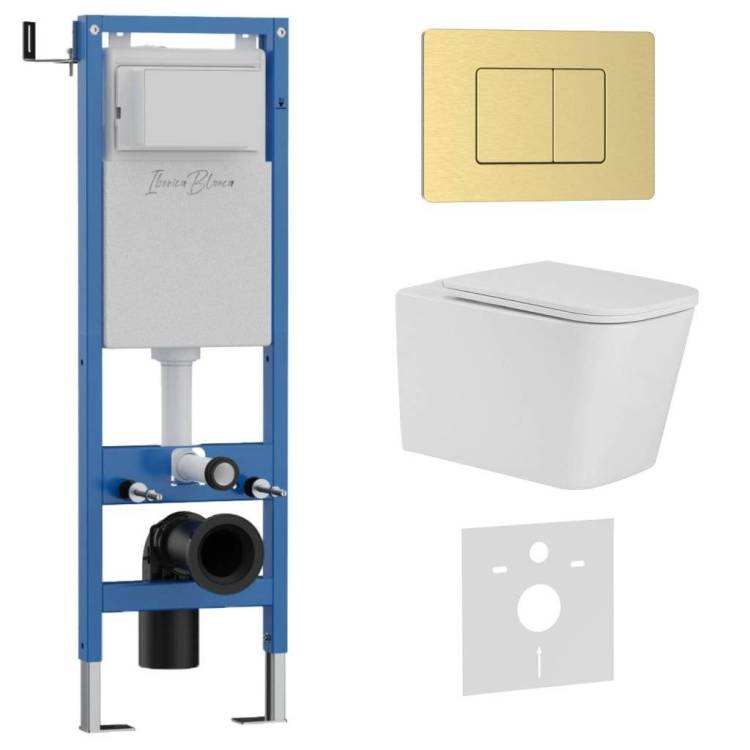 Комплект Iberica Blanca Toledo Alto IB.001M.TLA.231.1150 унитаз безободковый, белый, сиденье микролифт, клавиша смыва золото матовое