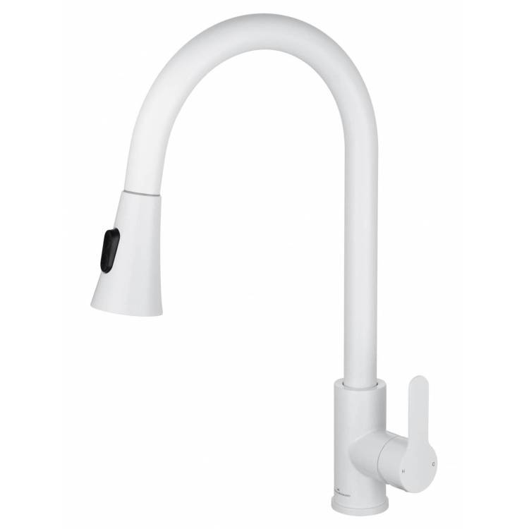 Смеситель для кухни Wonzon & Woghand WW-121E201L-MW с выдвижным изливом, белый матовый