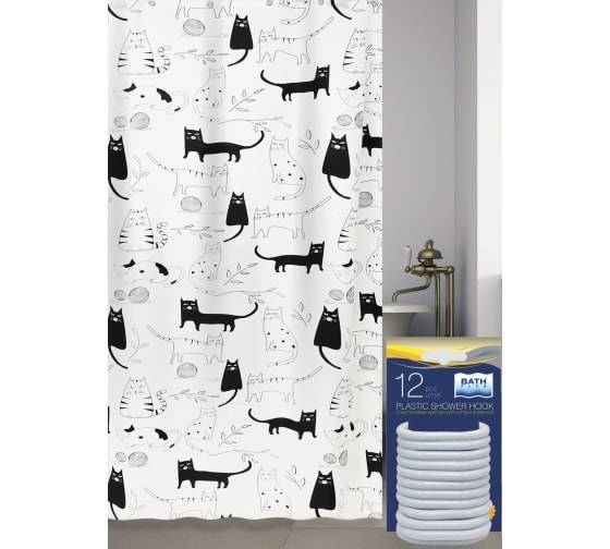 Штора для ванной Bath Plus Little Black AKCH-12256 с кольцами, 180x180, белый, черный