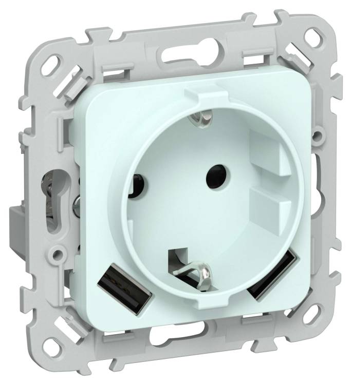 Розетка 1-местная с заземлением, шторками и USB Type A+A IEK Flite FI-R14-16-U21-D31-K94 холодный лед