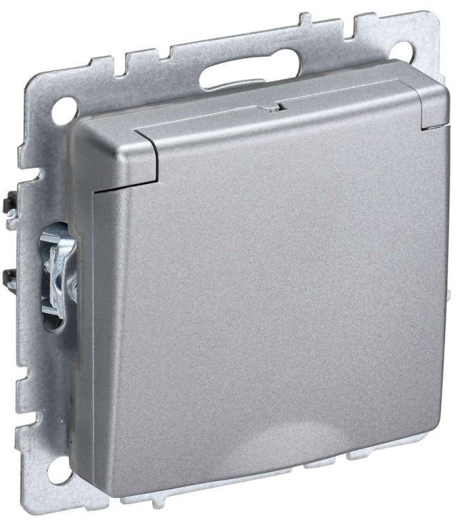 Розетка 1-местная с заземлением, шторками и крышкой IEK Brite BR-R16-16-44-K47 алюминий