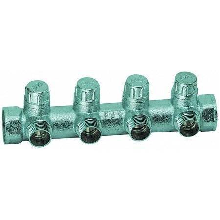 Запорный коллектор FAR 3/4 (ВР-НР) с 4 отводами 1/2 НР (межосевое 45 мм), плоское присоединение