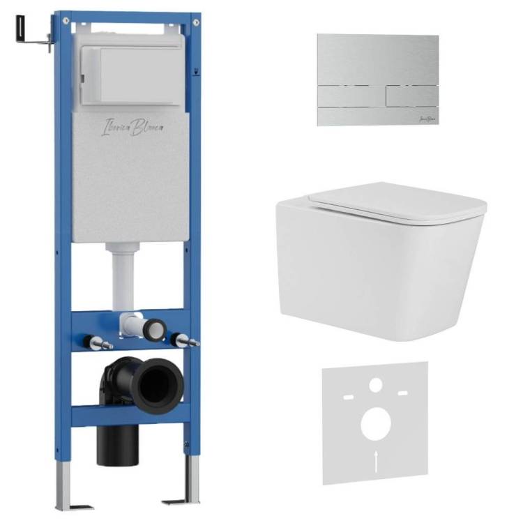 Унитаз с инсталляцией Iberica Blanca Toledo Alto IB.001M.TLA.231.1601 безободковый, с крышкой-сиденьем микролифт, с кнопкой матовый хром