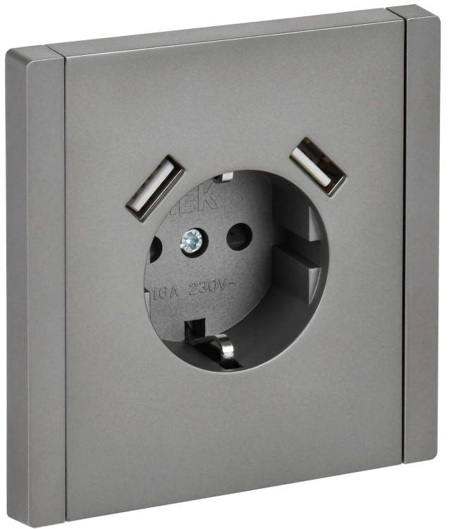Розетка 1-местная с заземлением, шторками и USB Type A+A IEK Forte&Piano FP-R14-16-U21-D31-K46 сталь