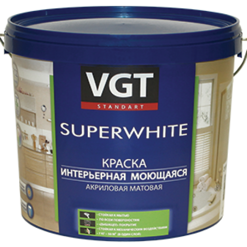 VGT SUPERWHITE ВД-АК-1180 КРАСКА ИНТЕРЬЕРНАЯ МОЮЩАЯСЯ, акриловая, матовая, база С (13кг)