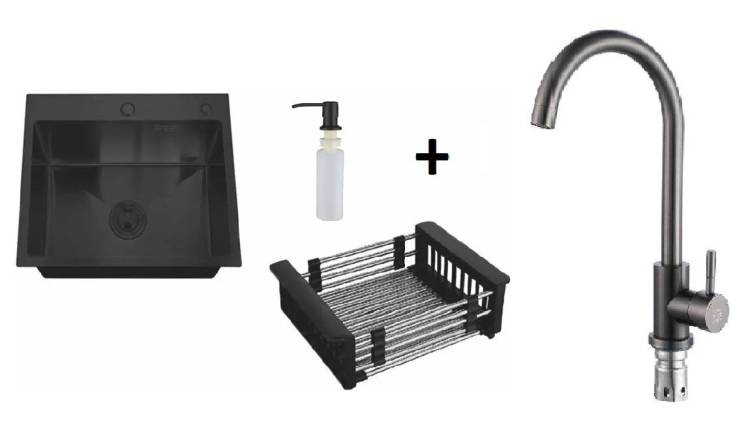 Комплект Мойка кухонная РМС MR MR-5050BL c корзиной и дозатором + Смеситель РМС SUS124PVD-017F чёрный