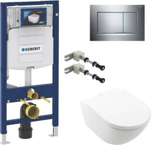 Комплект  Унитаз подвесной Villeroy&Boch Subway 3.0 4670TS01 alpin, сиденье с микролифтом + Комплект крепления для инсталляций Geberit Duofix 111.815.00.1 к стене + Система инсталляции для унитазов Geberit Duofix UP 320 111.300.00.5 + Кнопка смыва