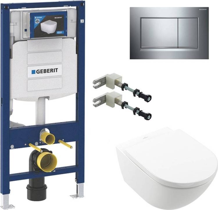 Комплект  Унитаз подвесной Villeroy&Boch Subway 3.0 4670TS01 alpin, сиденье с микролифтом + Комплект крепления для инсталляций Geberit Duofix 111.815.00.1 к стене + Система инсталляции для унитазов Geberit Duofix UP 320 111.300.00.5 + Кнопка смыва