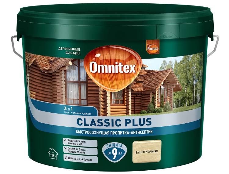 Пропитка декоративная для защиты древесины Omnitex Classic Plus ель натуральная 9 л
