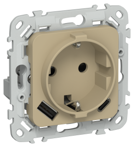 Розетка 1-местная с заземлением, шторками и USB Type A+С IEK Flite FI-R14-16-1-U22-020-K59 хаки