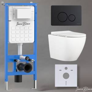 Унитаз с инсталляцией Iberica Blanca Bilbao Alto IB001.BLA.231.812 безободковый, с крышкой-сиденьем микролифт, с черной матовой кнопкой